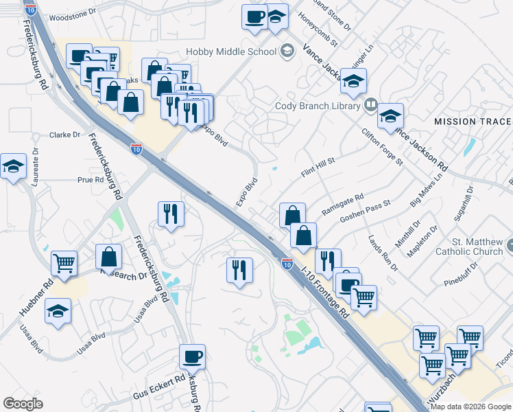 map of restaurants, bars, coffee shops, grocery stores, and more near 6 Stockbridge Lane in San Antonio