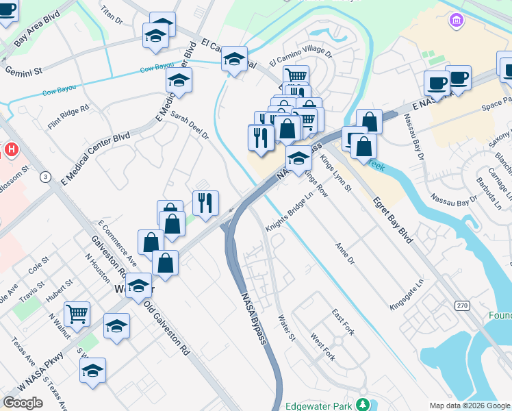 map of restaurants, bars, coffee shops, grocery stores, and more near 552 East Nasa Parkway in Webster