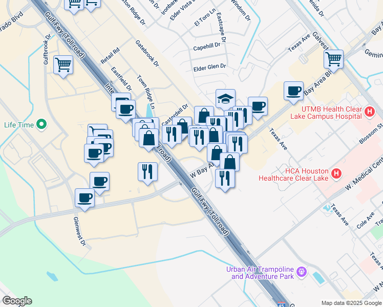 map of restaurants, bars, coffee shops, grocery stores, and more near 19411 Gulf Freeway in Webster