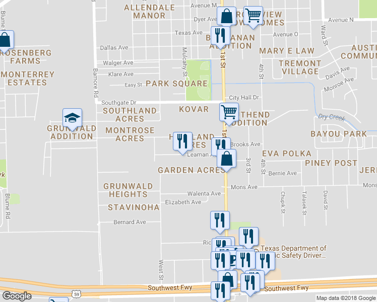 map of restaurants, bars, coffee shops, grocery stores, and more near 1519 Leaman Avenue in Rosenberg