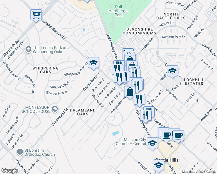 map of restaurants, bars, coffee shops, grocery stores, and more near 11131 Auldine Drive in San Antonio