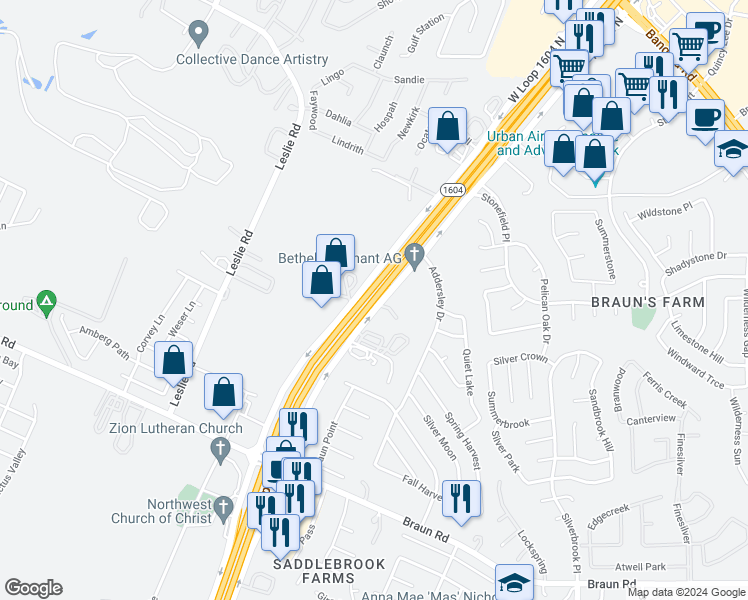 map of restaurants, bars, coffee shops, grocery stores, and more near 10590 Highway 1604 Loop in San Antonio