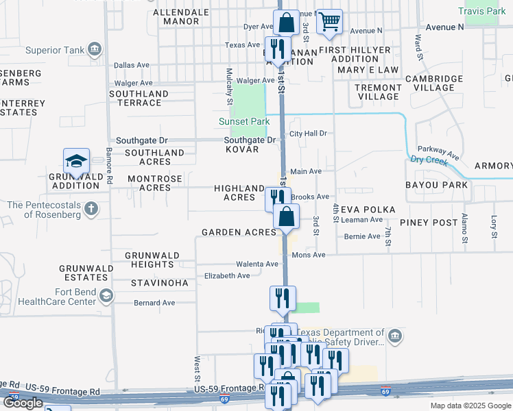 map of restaurants, bars, coffee shops, grocery stores, and more near 2438 1st Street in Rosenberg