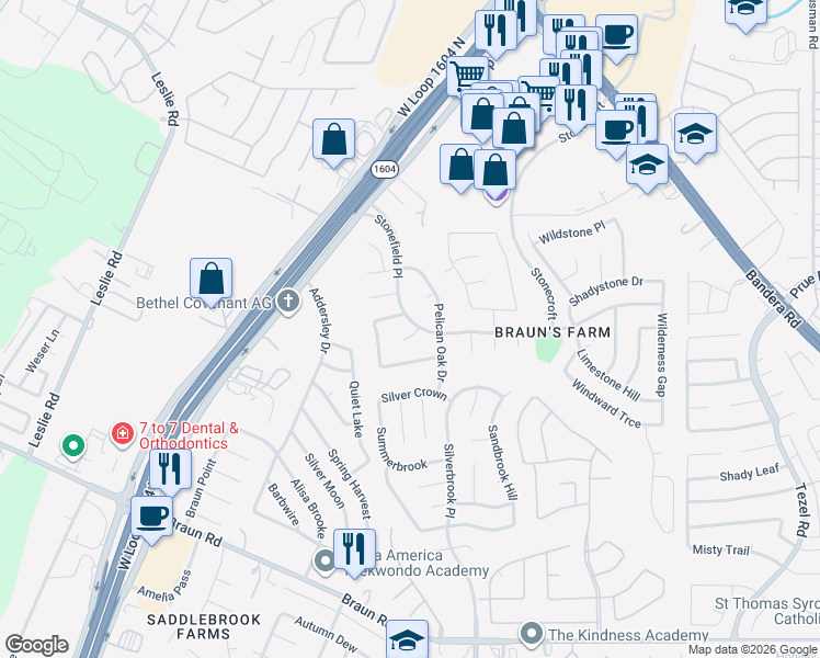 map of restaurants, bars, coffee shops, grocery stores, and more near 9603 Elmfield Place in San Antonio