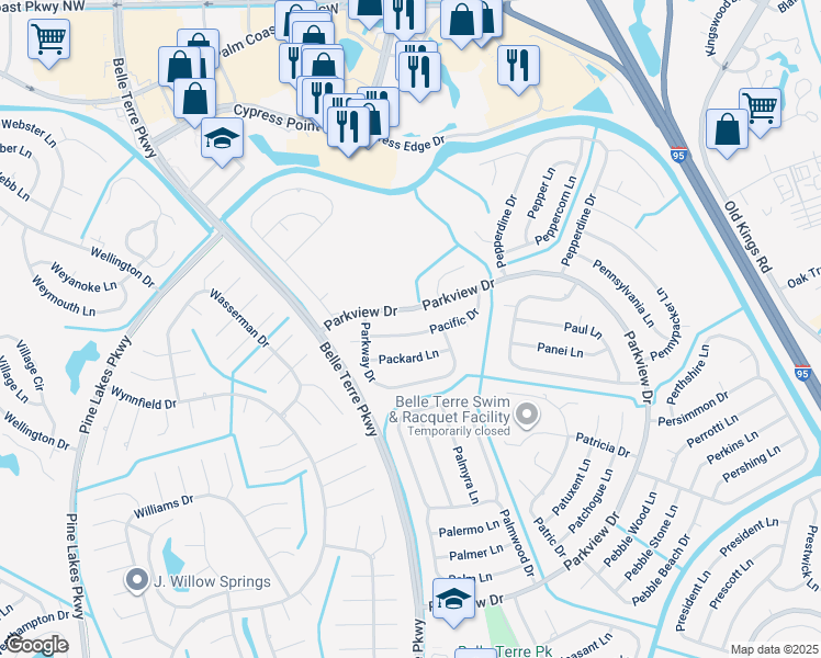 map of restaurants, bars, coffee shops, grocery stores, and more near 22 Pacific Drive in Palm Coast