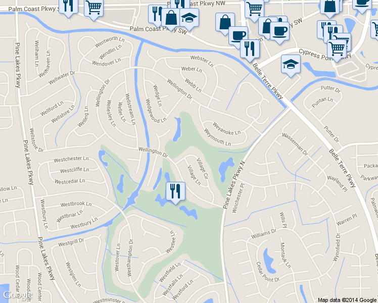 map of restaurants, bars, coffee shops, grocery stores, and more near 15 Village Circle in Palm Coast