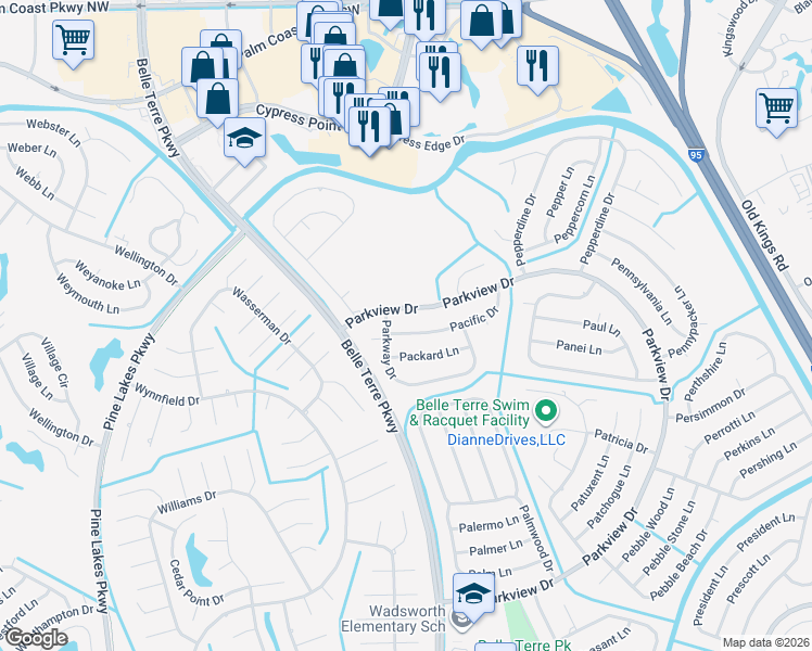 map of restaurants, bars, coffee shops, grocery stores, and more near 8 Pacific Drive in Palm Coast