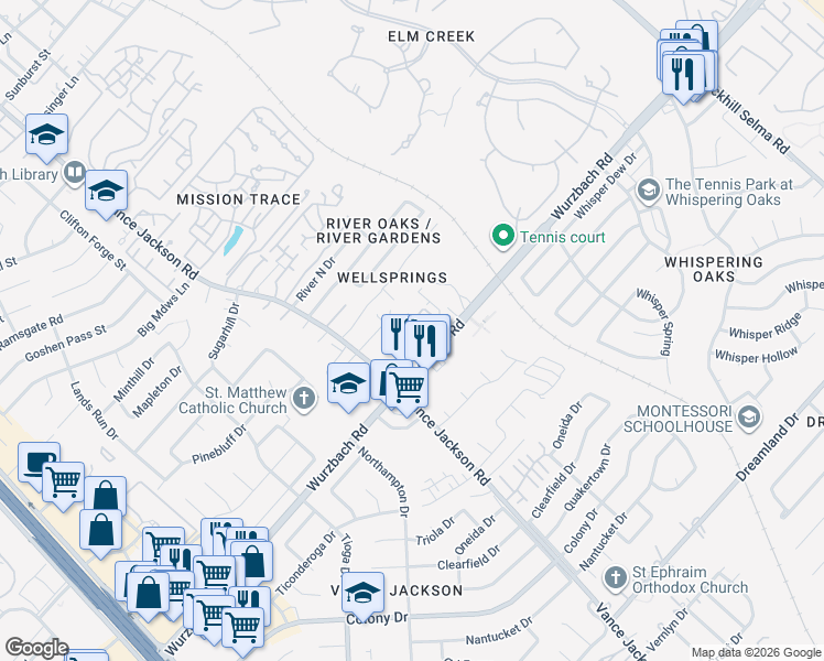 map of restaurants, bars, coffee shops, grocery stores, and more near 10955 Wurzbach Road in San Antonio