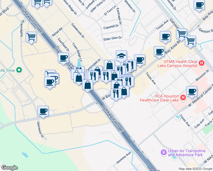 map of restaurants, bars, coffee shops, grocery stores, and more near 19411 Gulf Freeway in Webster