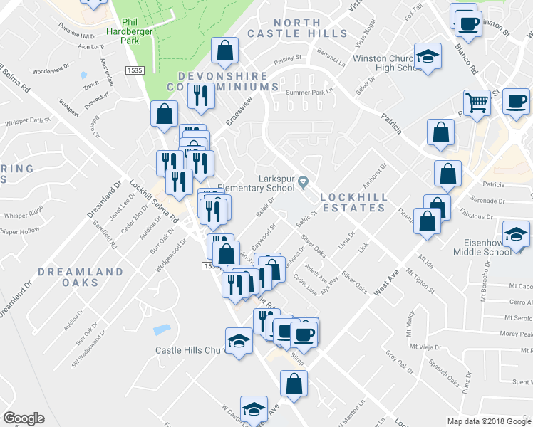 map of restaurants, bars, coffee shops, grocery stores, and more near 11219 Belair Drive in San Antonio