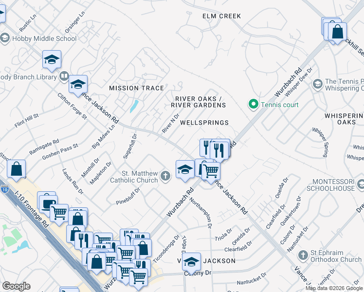 map of restaurants, bars, coffee shops, grocery stores, and more near 3538 Wellsprings Drive in San Antonio