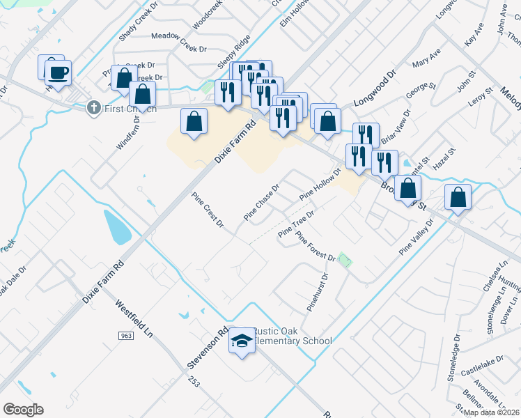 map of restaurants, bars, coffee shops, grocery stores, and more near 3603 Pine Chase Dr in Pearland