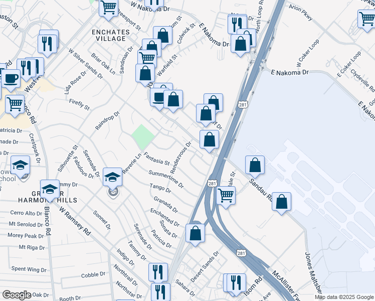 map of restaurants, bars, coffee shops, grocery stores, and more near 26 East Silver Sands Drive in San Antonio