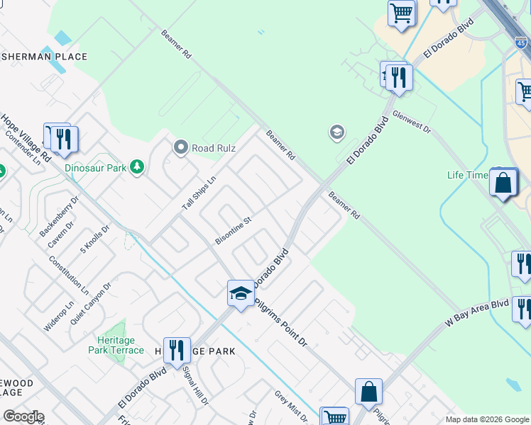 map of restaurants, bars, coffee shops, grocery stores, and more near 2303 Bisontine Street in Friendswood