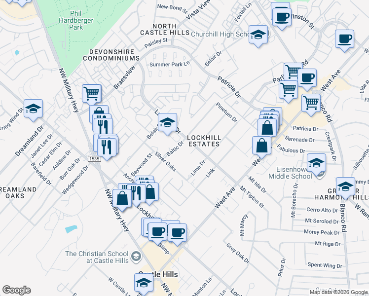 map of restaurants, bars, coffee shops, grocery stores, and more near 1714 Larkspur Drive in San Antonio