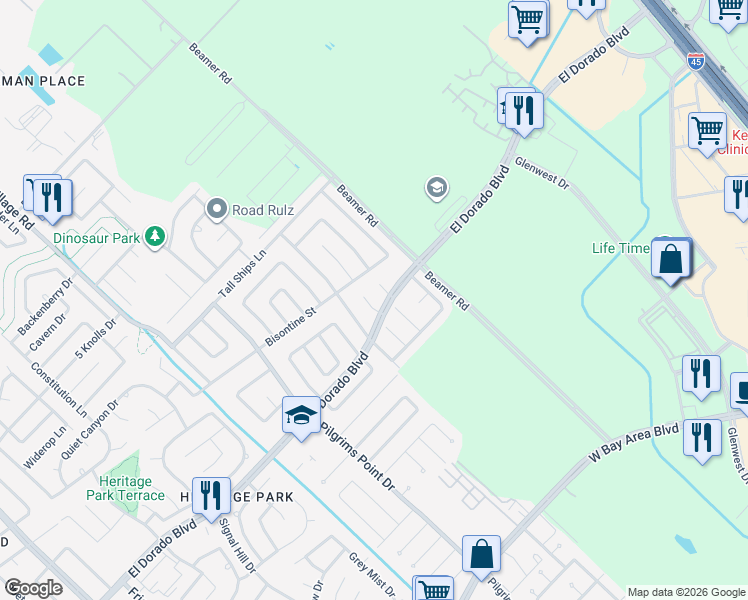 map of restaurants, bars, coffee shops, grocery stores, and more near 16811 Barkentine Ln in Friendswood