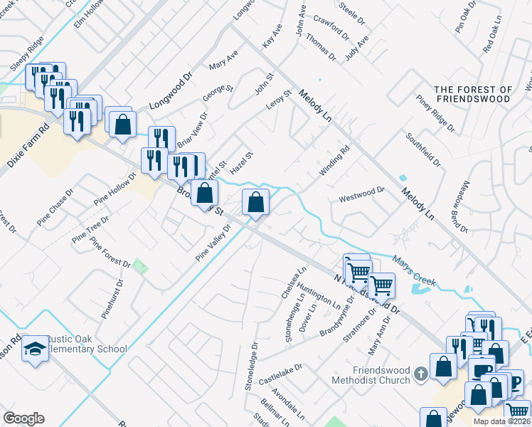 map of restaurants, bars, coffee shops, grocery stores, and more near 112 Winding Road in Friendswood
