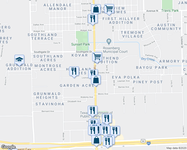 map of restaurants, bars, coffee shops, grocery stores, and more near 2438 1st Street in Rosenberg
