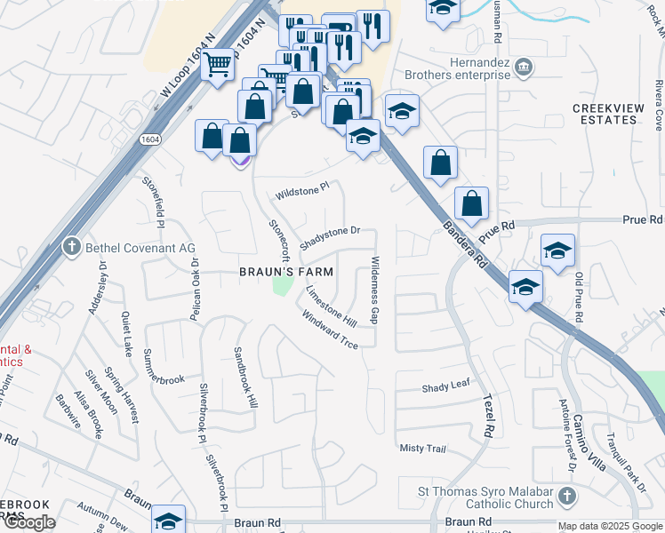 map of restaurants, bars, coffee shops, grocery stores, and more near 10019 Stonefield Place in San Antonio