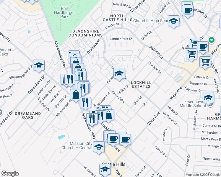 map of restaurants, bars, coffee shops, grocery stores, and more near 11219 Baywood Street in San Antonio