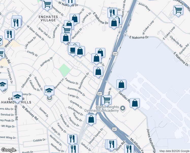 map of restaurants, bars, coffee shops, grocery stores, and more near 218 East Rhapsody Drive in San Antonio