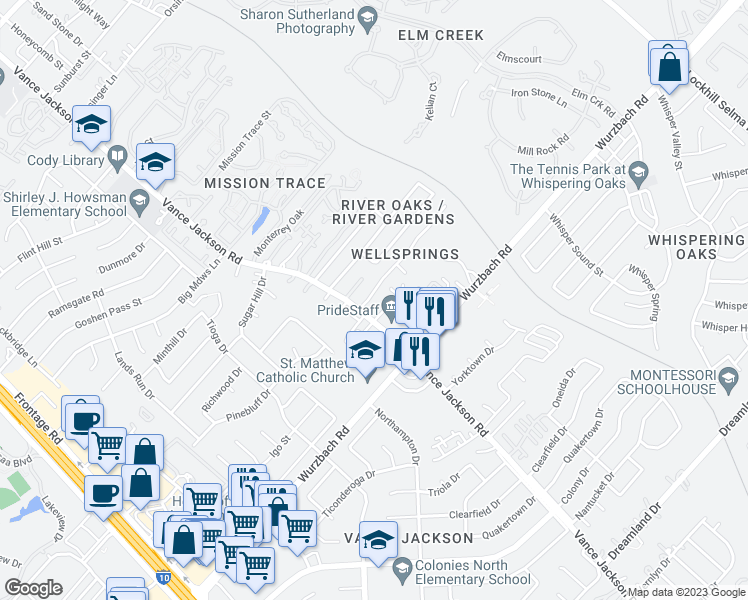 map of restaurants, bars, coffee shops, grocery stores, and more near 3538 Wellsprings Drive in San Antonio