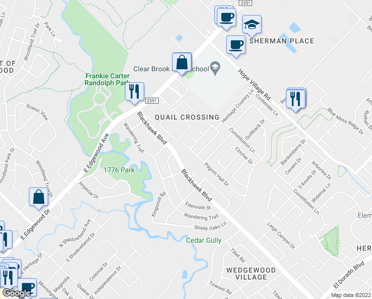 map of restaurants, bars, coffee shops, grocery stores, and more near 15518 Pilgrim Hall Drive in Friendswood