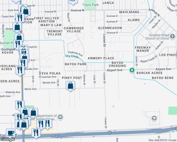 map of restaurants, bars, coffee shops, grocery stores, and more near 2504 Lory Street in Rosenberg