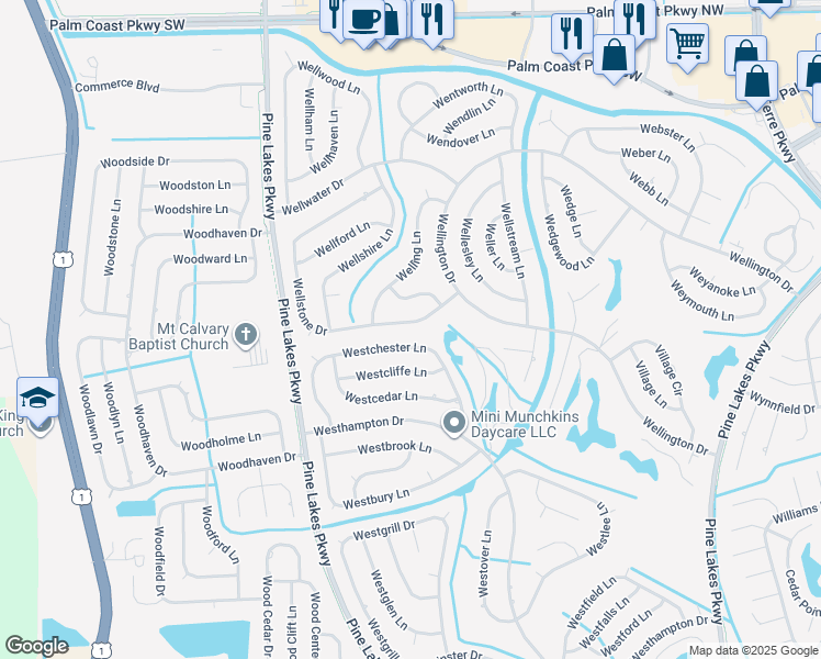 map of restaurants, bars, coffee shops, grocery stores, and more near 148 Wellstone Drive in Palm Coast