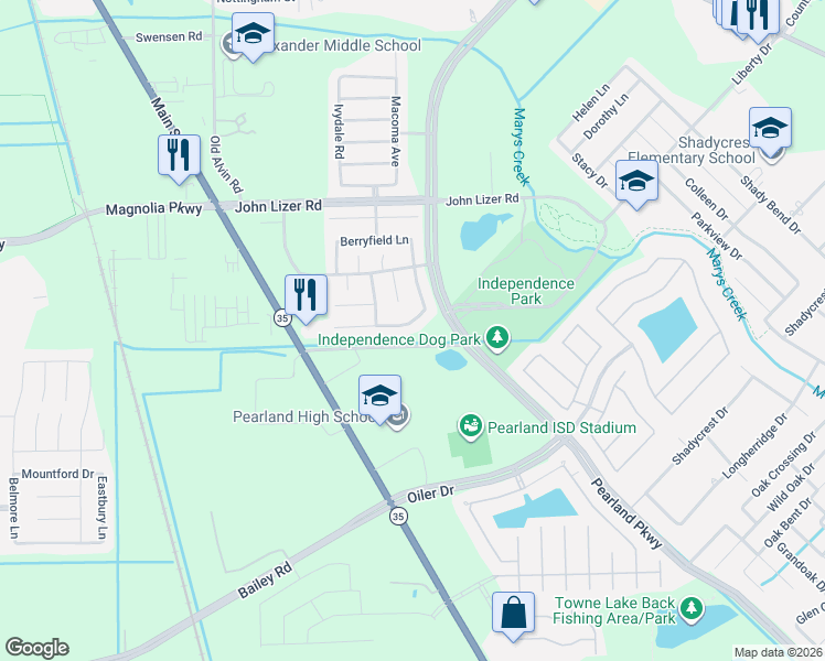 map of restaurants, bars, coffee shops, grocery stores, and more near 3112 Wild Turkey Lane in Pearland