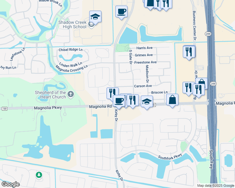 map of restaurants, bars, coffee shops, grocery stores, and more near 11517 Rashell Way in Pearland