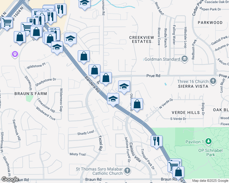 map of restaurants, bars, coffee shops, grocery stores, and more near 10514 Bandera Road in San Antonio