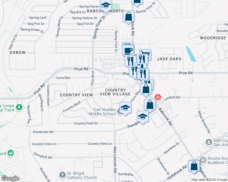 map of restaurants, bars, coffee shops, grocery stores, and more near 6507 Rambling Trail Drive in San Antonio