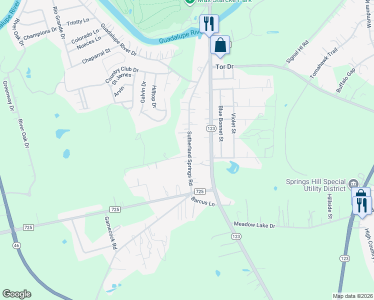 map of restaurants, bars, coffee shops, grocery stores, and more near 5050 Sutherland Springs Road in Seguin