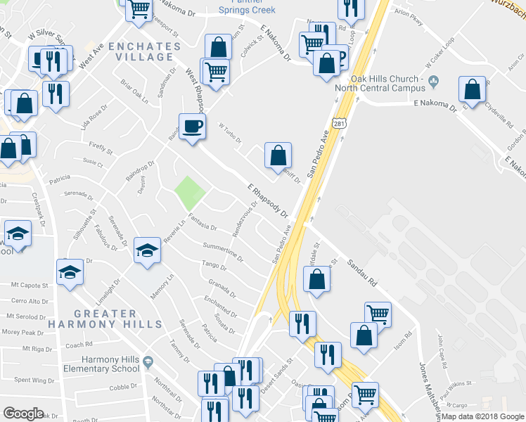 map of restaurants, bars, coffee shops, grocery stores, and more near 26 East Silver Sands Drive in San Antonio