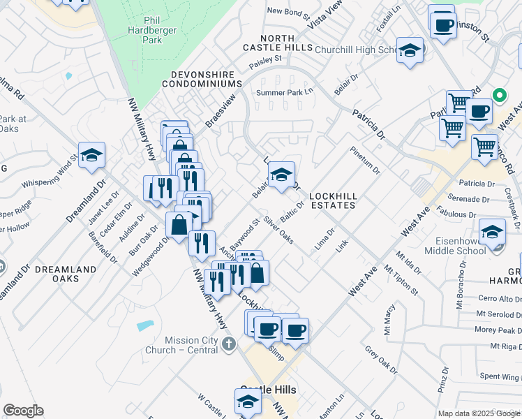 map of restaurants, bars, coffee shops, grocery stores, and more near 11219 Baywood Street in San Antonio