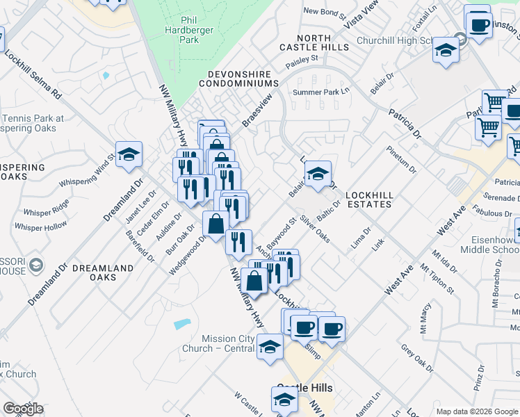 map of restaurants, bars, coffee shops, grocery stores, and more near 2102 Bent Anchor in San Antonio