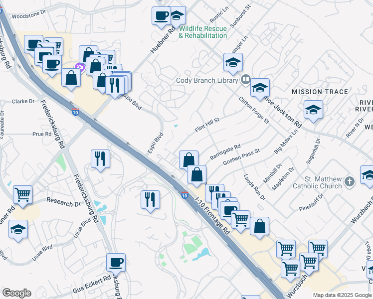map of restaurants, bars, coffee shops, grocery stores, and more near 4314 Flint Hill Street in San Antonio