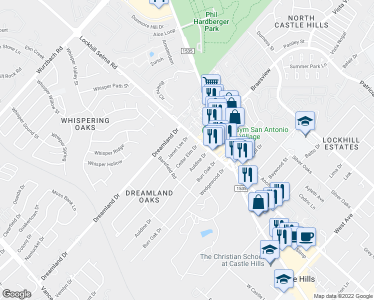 map of restaurants, bars, coffee shops, grocery stores, and more near 11207 Cedar Elm Drive in San Antonio