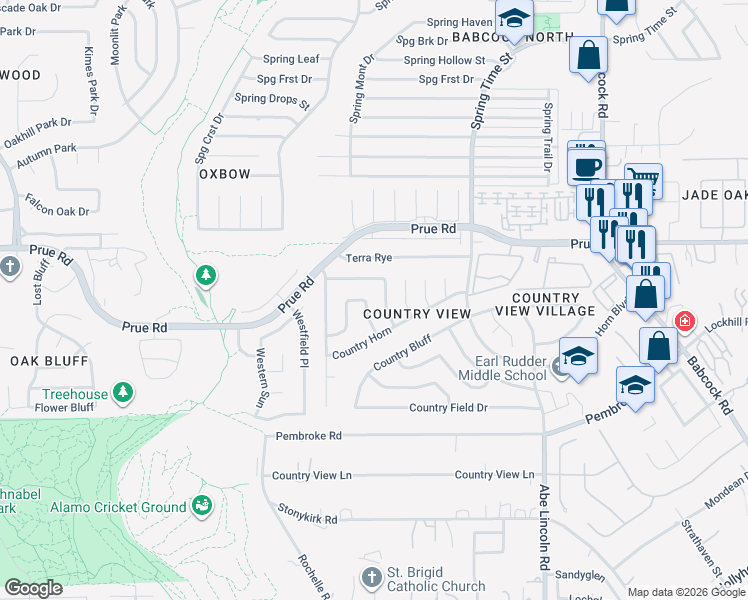 map of restaurants, bars, coffee shops, grocery stores, and more near 6931 Country Rose in San Antonio