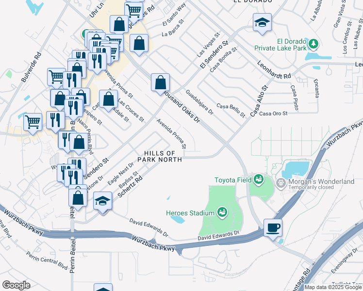 map of restaurants, bars, coffee shops, grocery stores, and more near 4626 Avenida Prima Street in San Antonio
