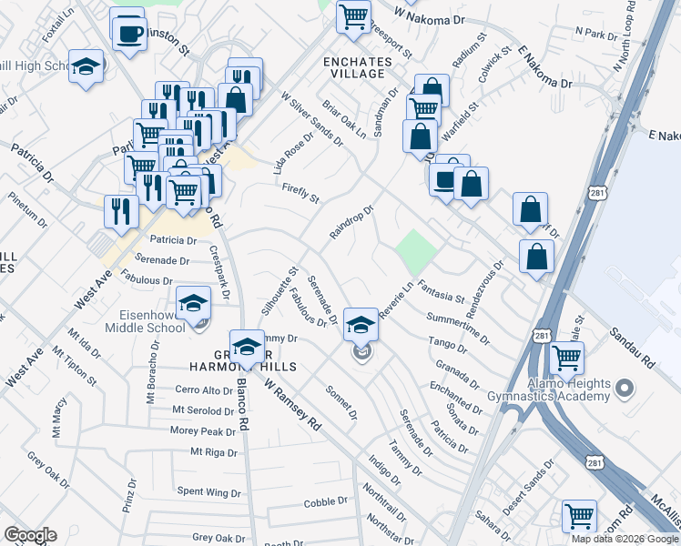 map of restaurants, bars, coffee shops, grocery stores, and more near 607 Patricia in San Antonio