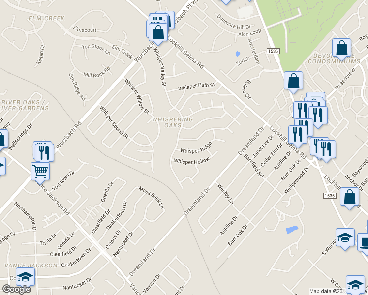 map of restaurants, bars, coffee shops, grocery stores, and more near 10915 Whisper Ridge in San Antonio