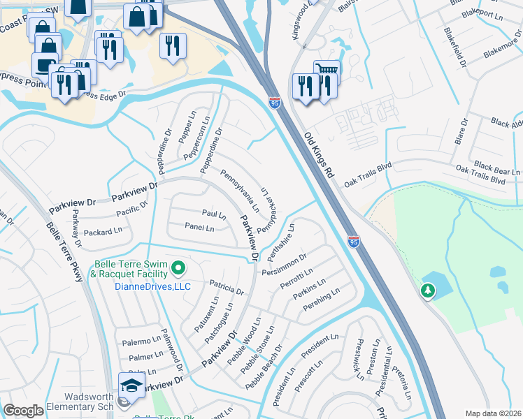 map of restaurants, bars, coffee shops, grocery stores, and more near 55 Pennsylvania Lane in Palm Coast
