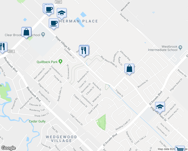 map of restaurants, bars, coffee shops, grocery stores, and more near 16023 Surrey Woods Drive in Friendswood