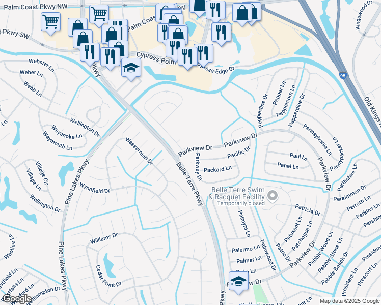 map of restaurants, bars, coffee shops, grocery stores, and more near 14 Parkview Dr in Palm Coast