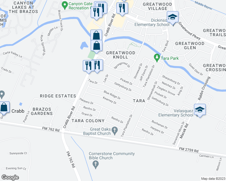 map of restaurants, bars, coffee shops, grocery stores, and more near 6742 Tara Drive in Richmond