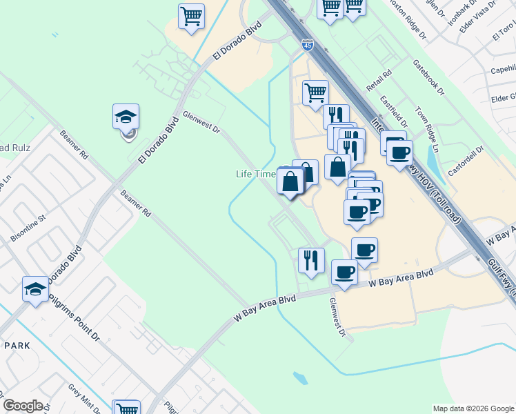 map of restaurants, bars, coffee shops, grocery stores, and more near 19100 Glenwest Drive in Friendswood
