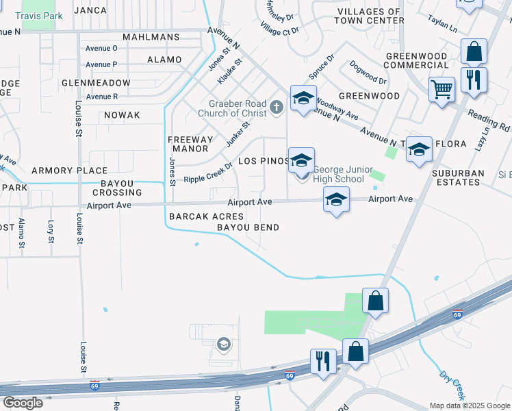 map of restaurants, bars, coffee shops, grocery stores, and more near 3002 Longhorn Dr in Rosenberg