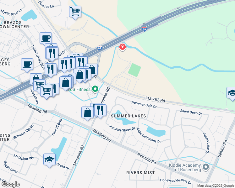 map of restaurants, bars, coffee shops, grocery stores, and more near 7503 Summer Dale Drive in Rosenberg